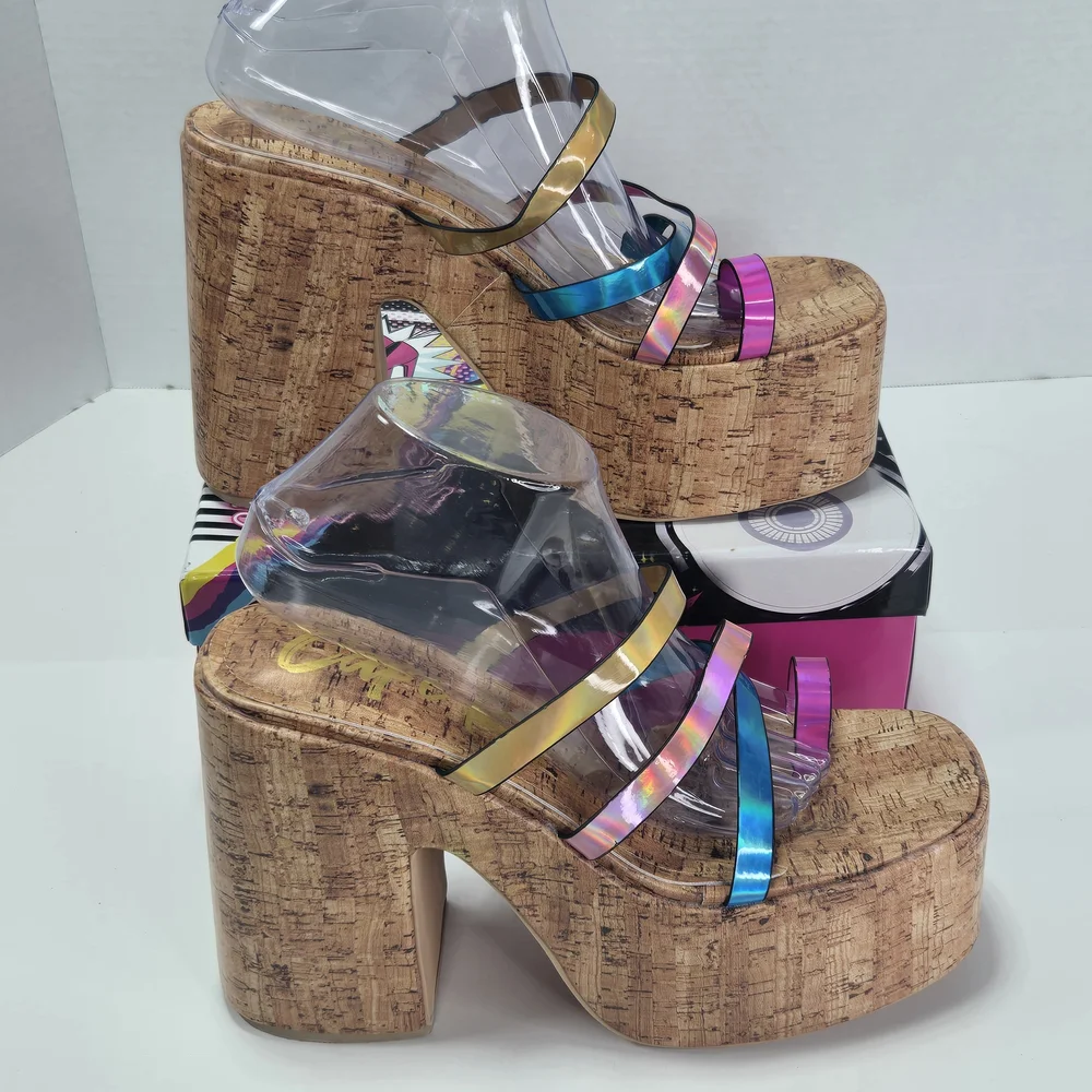 Cape Robbin Elci Platform Multi Iridescent Strappy Cork Heels Women's Size 10